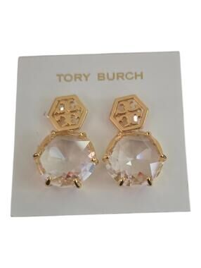 Tory Burch Hexagon Gold Crystal Drop Earrings